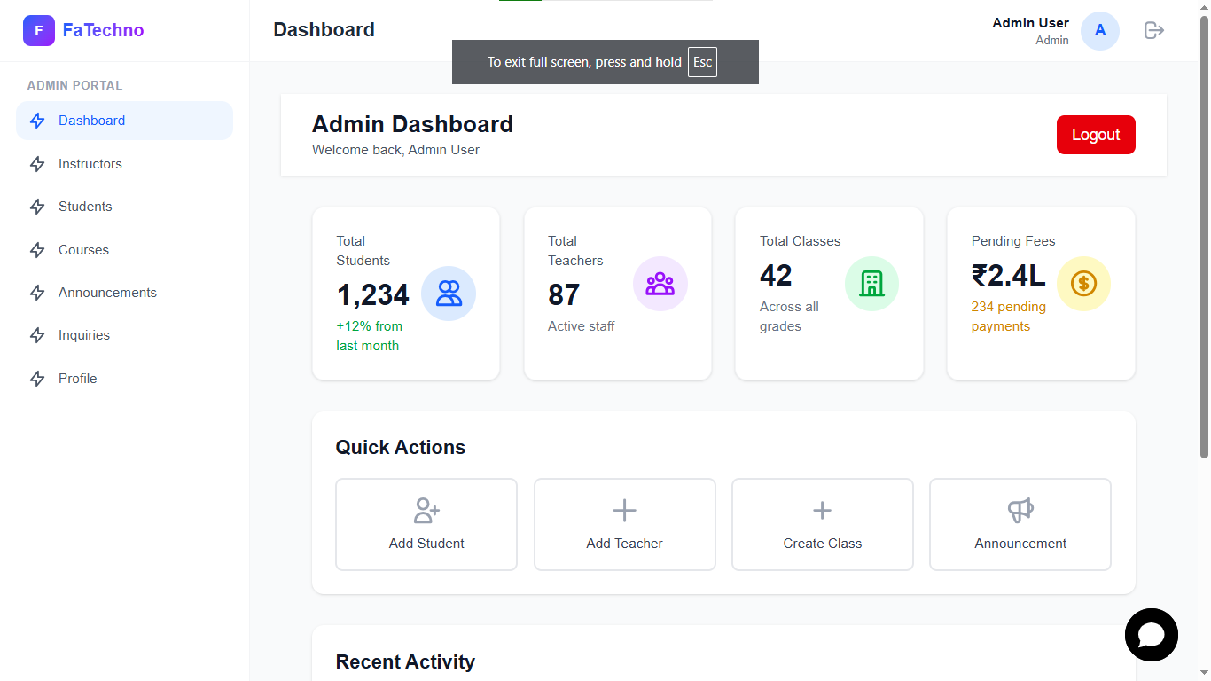 FaTeachnoSkills (School Management System) — Admin Dashboard