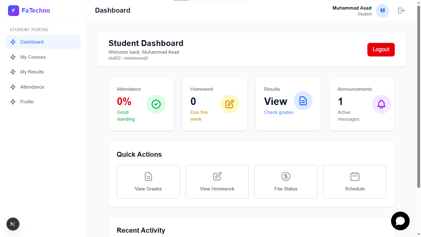 FaTeachnoSkills (School Management System) — Student Dashboard